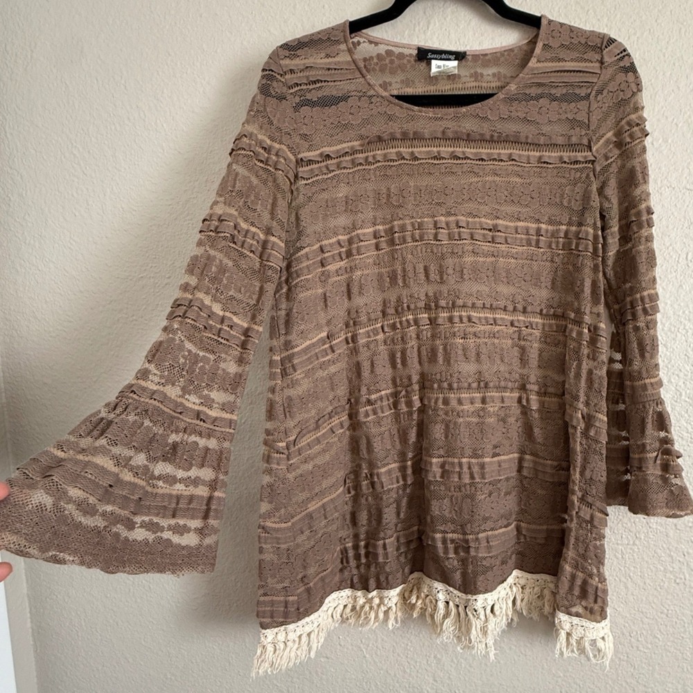 Y2K‎ Womens Medium Brown Fairy Top Sheer Lace Boho Indie Festival Flare Fringe